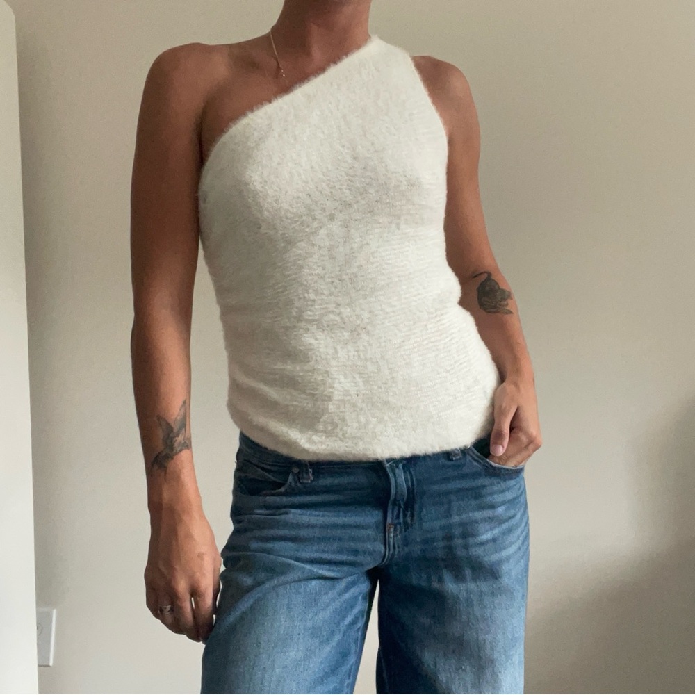 Anthropologie Cream One-Shoulder Tank Top